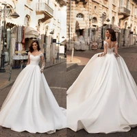 new fashion a line wedding dresses v neck long sleeve boat neck lace appliques beach bridal gowns sweep train wedding dress