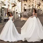 Платье Свадебное ТРАПЕЦИЕВИДНОЕ с V-образным вырезом, длинным рукавом, вырезом лодочкой и кружевной аппликацией, Пляжное свадебное платье со шлейфом