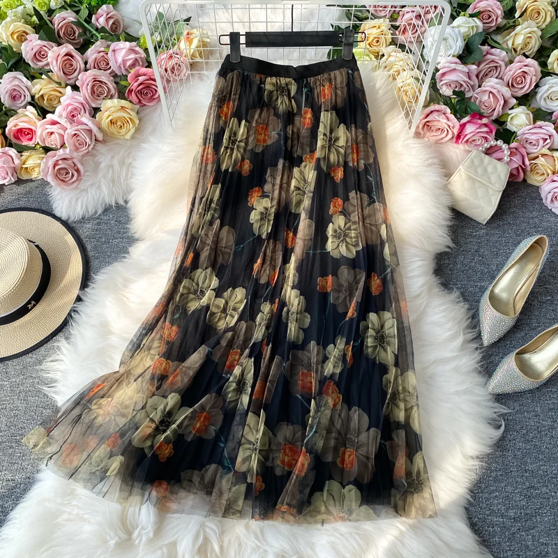 

2021 Summer Women Fashion Mesh Floral Skirts New High Waist Elastic Waist Flower Print A-line Skirt Casual Beachwear