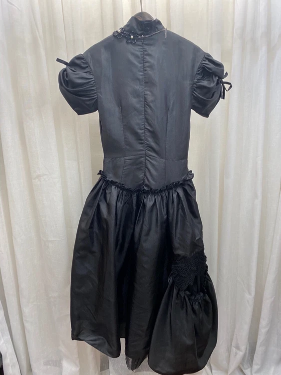 

2021 new women fashion bead chain stitching lace decoration micro-puff waist short-sleeved skirt dress 520