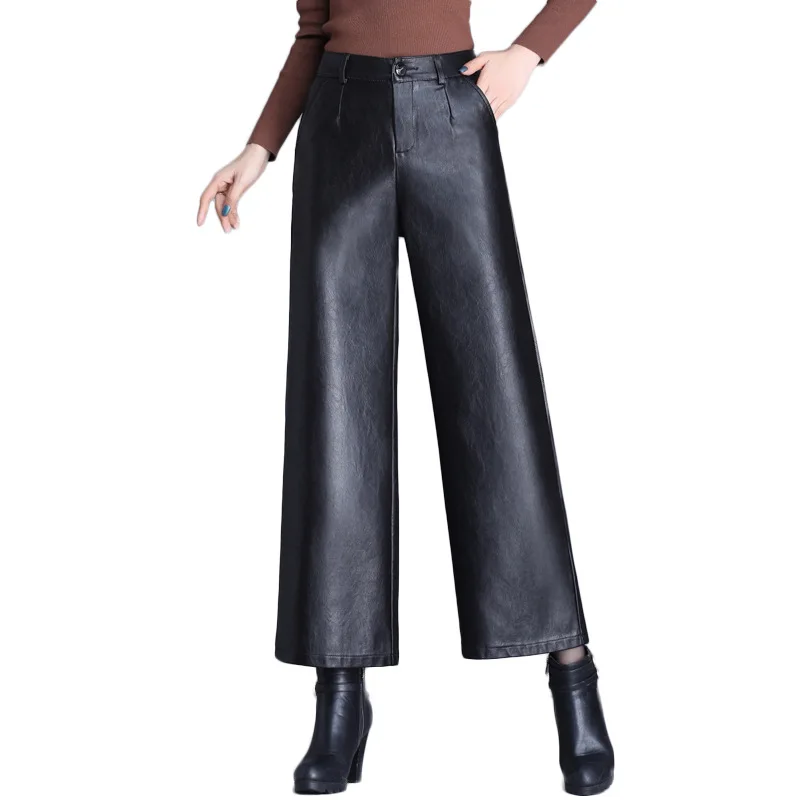 

ZOGAA Spring Autumn Ladies PU Leather Wide Leg Pants Women High Waist Straight Black PU Trousers Casual Streetwear Women Fashion