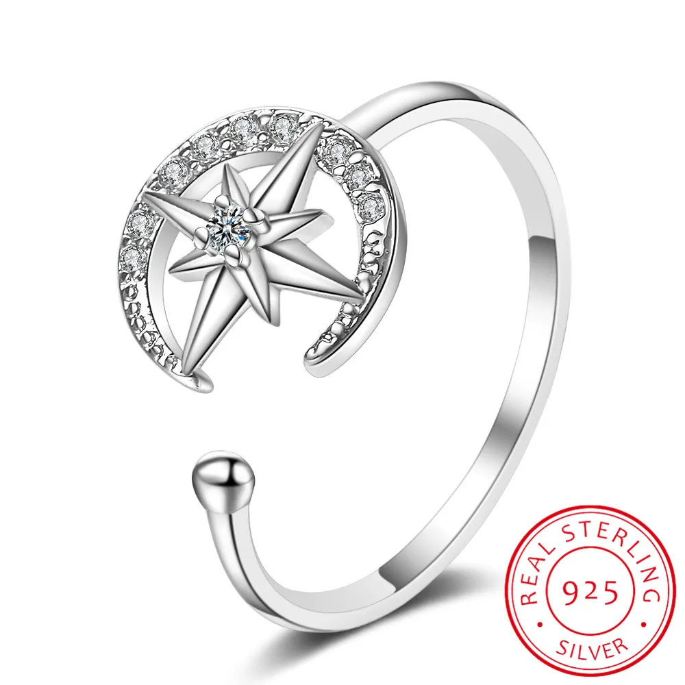 

Real 925 Sterling Silver Shiny Zirconia Moon Star Adjustable Ring For Charming Women Wedding Romantic Fine Jewelry Gift