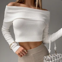 elegant cropped sweaters women chic off shoulder bandage long sleeve knitted sweater top pullover autumn casual jumpers white