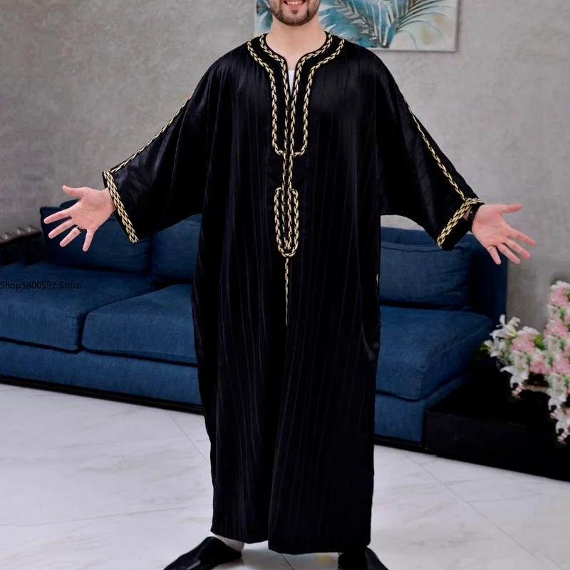Abaya Men's Muslim Clothing Islam Black Striped Print Robe Oversized Long Sleeves Loose African Traditional Shirts Man Plus Size