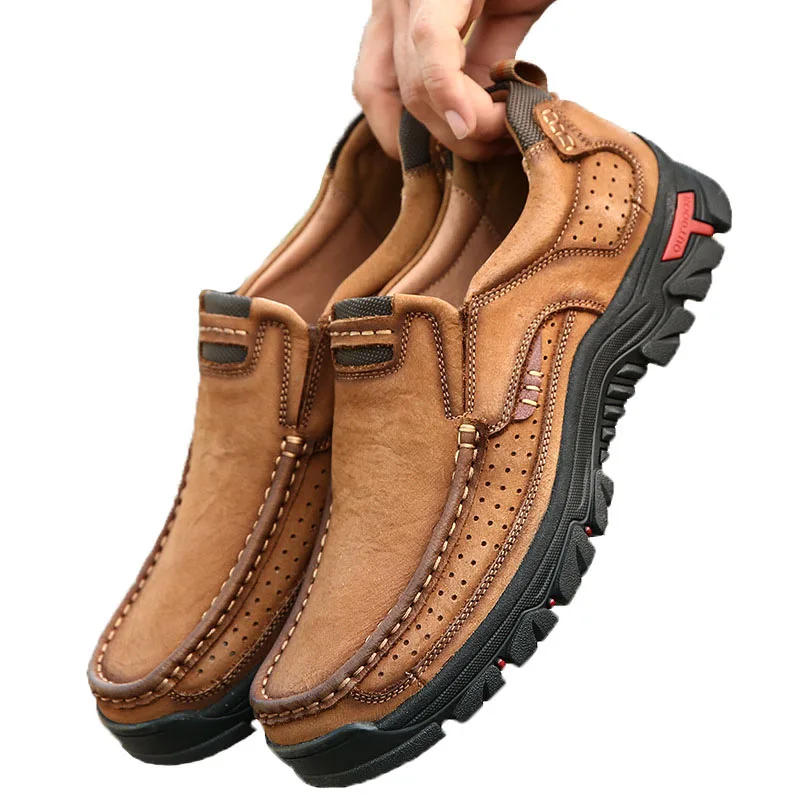 Кожаные мужские ботинки Удобная нескользящая обувь для походов дышащие кожаные