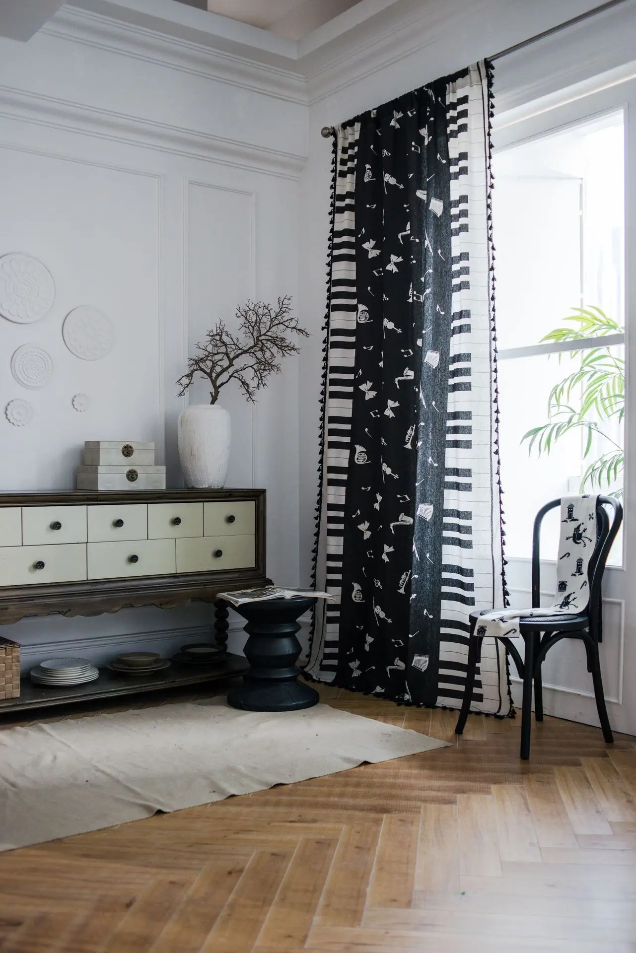 

American Black Tassel Curtains Cotton-linen Curtain Printing Piano Kitchen Living Room Curtain Country Style Finished Bay Window