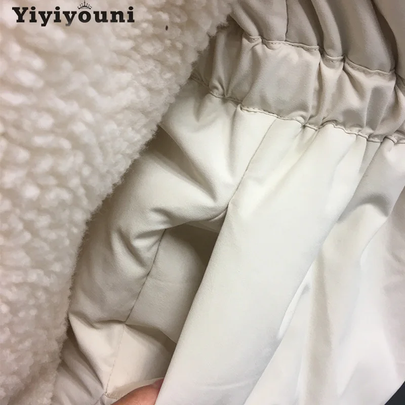 

Yiyiyouni Winter Casual Drawstring Cotton Parkas Women Lambswool Stitching Pocket Coat Lady Warm Stand Collar Long Sleeve Jacket