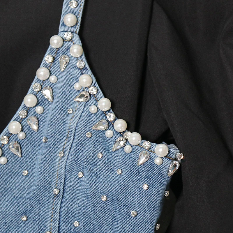 

SISPELL Patchwork Pearl Sets For Female Lapel Collar Puff Long Sleev Blouse Shirt With Denim Hollow Out Vest Women's Casual Set