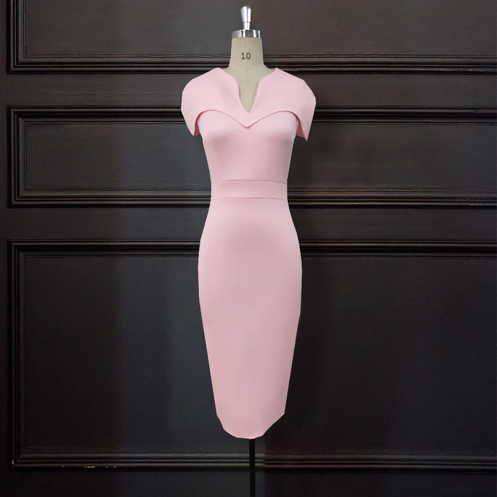 Женские розовые платья с коротким рукавом облегающее элегантное офисное