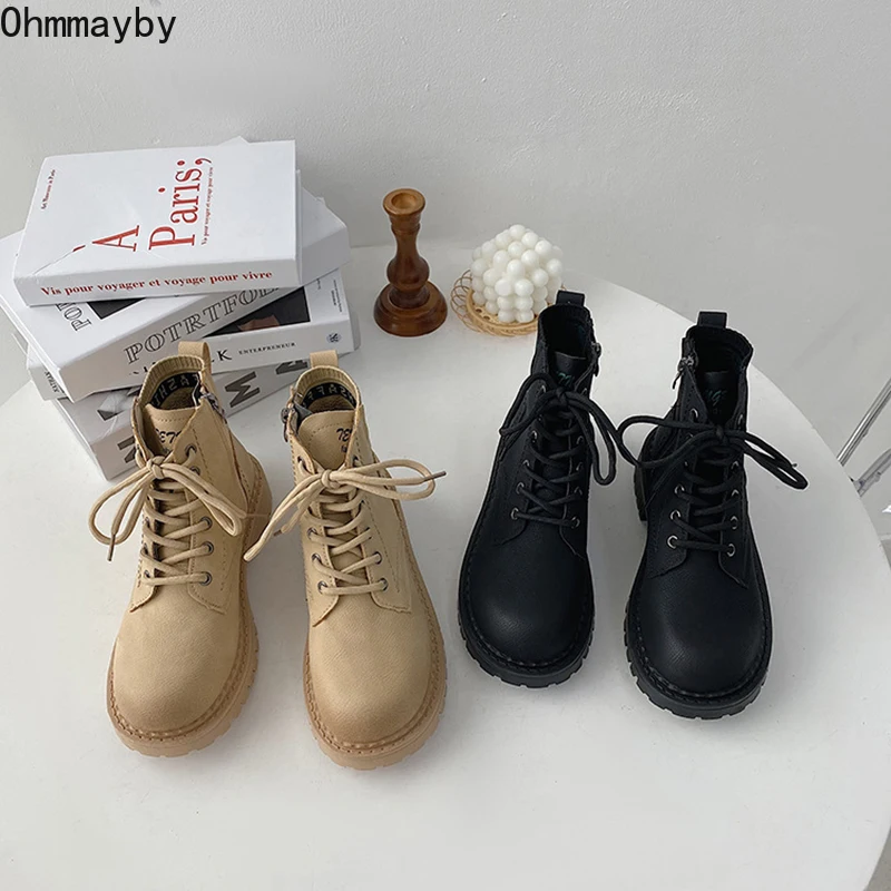 

Женские ботильоны на толстой подошве, черные ботинки на шнуровке, Короткие мотоботы для зимы, 2021