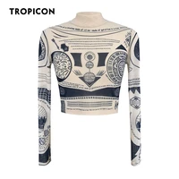 tropicon tattoo mesh crop top long sleeve tees graphic t shirts women see through high fashion top aesthetic bodycon tshirt