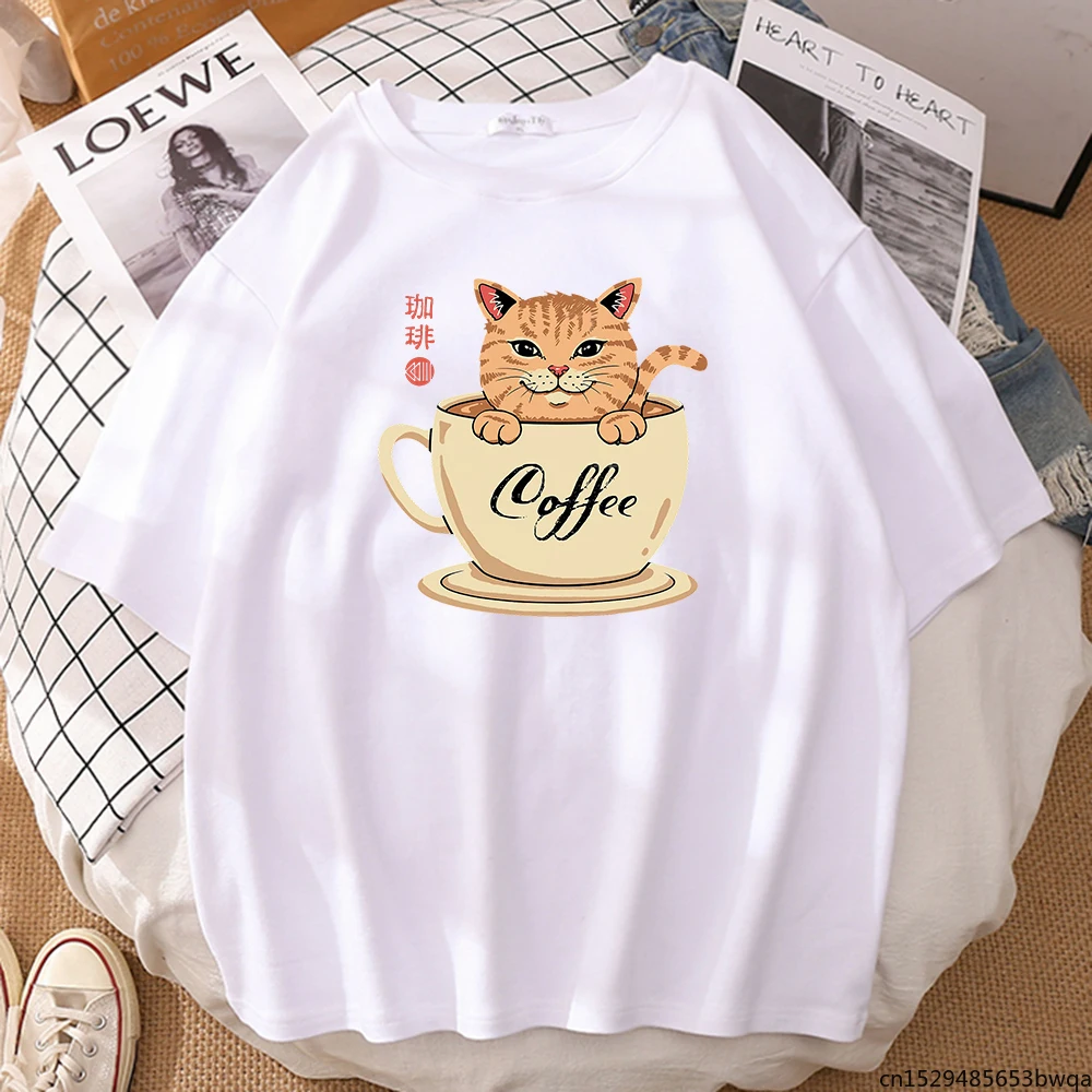 

Coffe Cat Cartoon Catana Prints T-Shirts Short Sleeves Womens Oversized Crewneck Fashion Comfortable Tops