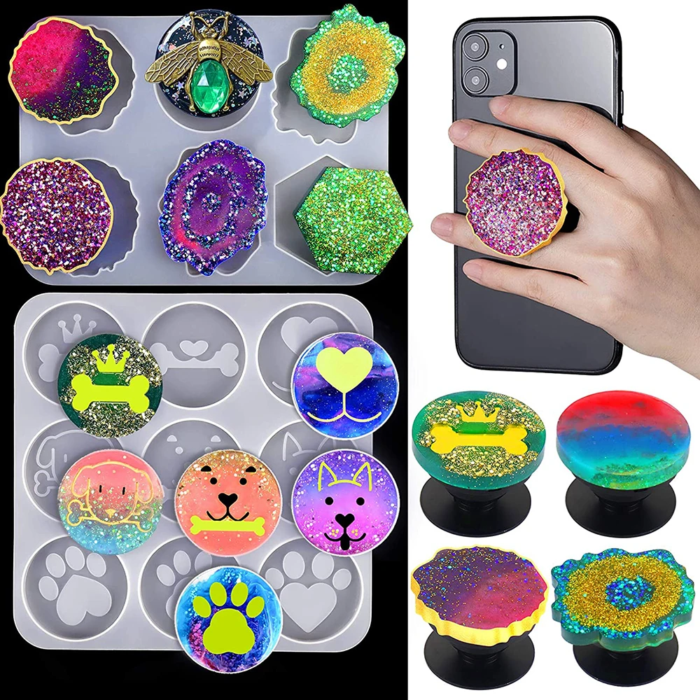 

1pc Silicone Irregular Round Mount Holder Stand Molds With Phone Grip Mold Epoxy Resin On Top Kits DIY Jewelry Making Supplies