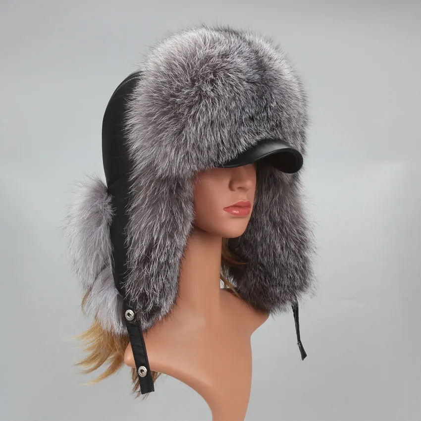 

Genuine Silver Fox Fur Hat with Ear Flaps Real Natural Fur Caps for Russian Women Bomber Hats Trapper Cap with Real Leather Top