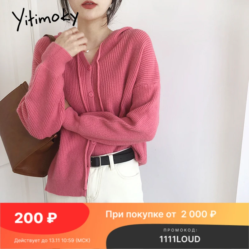 

Женский вязаный кардиган Yitimoky, повседневный розовый свитер с длинным рукавом и капюшоном, Свободные корейские куртки зеленого и синего цве...