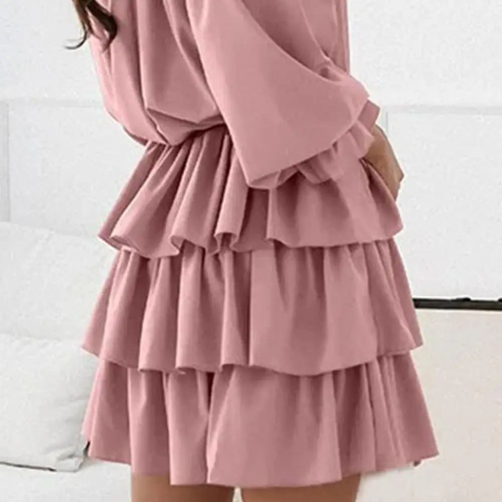 

Elegant Dress Slash Neck Solid Color Mini Dress Long Sleeve Ruffle Hem Tunic Cake Dress Long Sleeve Ruffle Hem Tunic Cake Dress