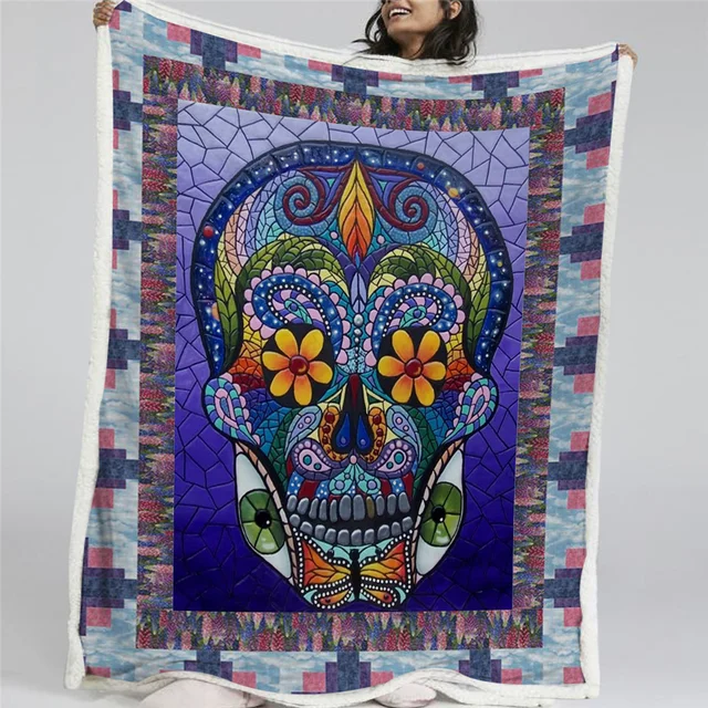 Blessliving Sugar Skull Sherpa Blanket Colorful Flower Throw Blanket Green Blue Bedspreads Paisley Gothic Bedding Sofa Cover 1