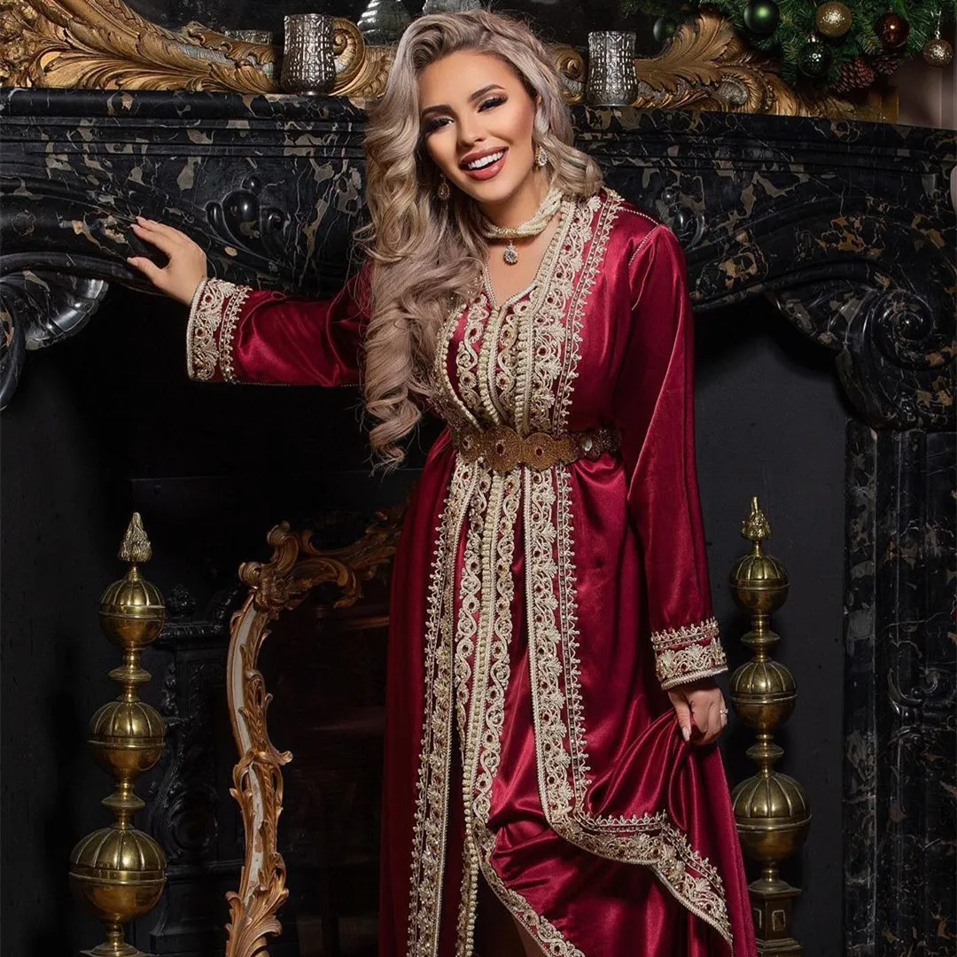 

Moroccan Caftan Evening Dresses Beads Hand Work Muslim burgundy gold detail Arabic Abaya prom Dress robe de soiree