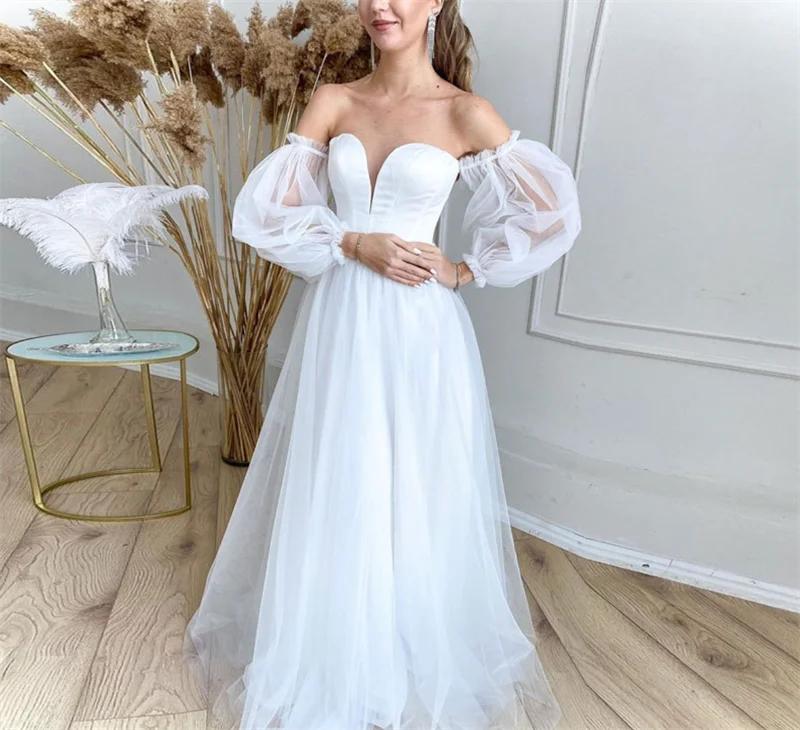 Long Sleeve  A-Line Off-Shoulder Open  Back Tulle Sweetheart Wedding Dress Bride Gown Vestidos De Novia robe mariée