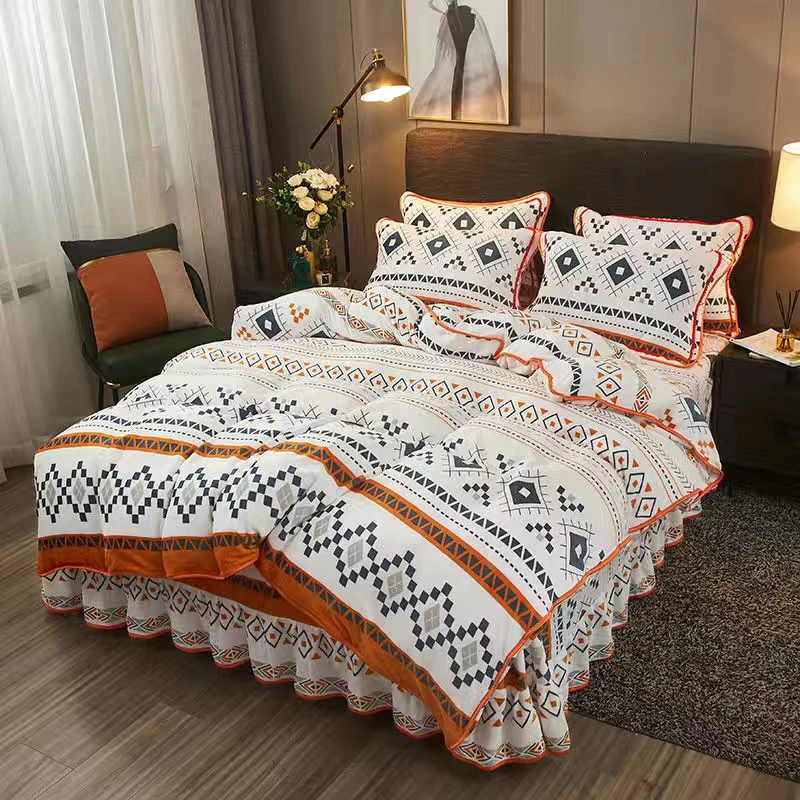 

New Thicken Mink Cashmere Duvet Cover Winter Warm Flannel Bedding Stripe Lattice Love Printing Quilt Comforter Set
