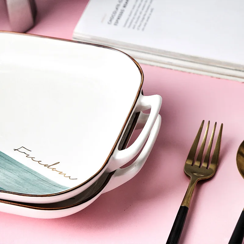 Северный золотой край квадратная керамическая тарелка Двойные Уши термостойкая