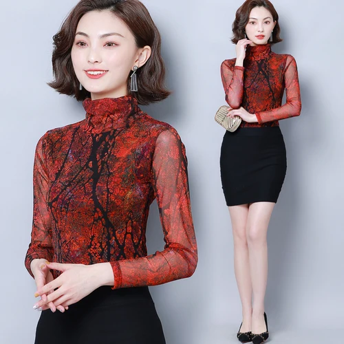 2020 Spring Autumn Elastic Fine Printing Woman Shirt High Collar Long Sleeve Xxxl Female Fashion Temperament Bottoming Shirts |