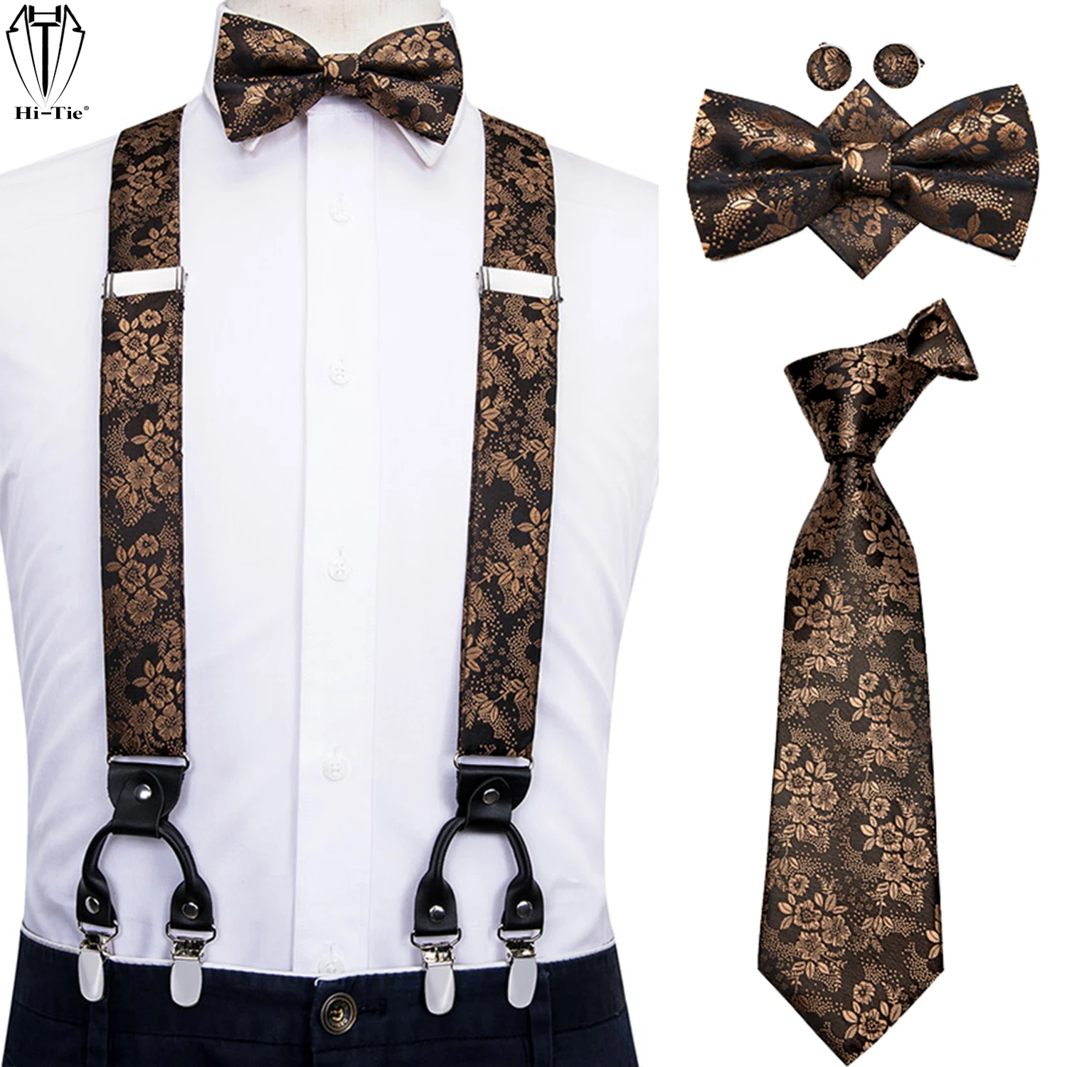 

Дизайнерский Шелковый мужской комплект на подтяжках для взрослых, 6 зажимы подтяжек, винтажный золотой, красный, розовый, зеленый подтяжки, ...