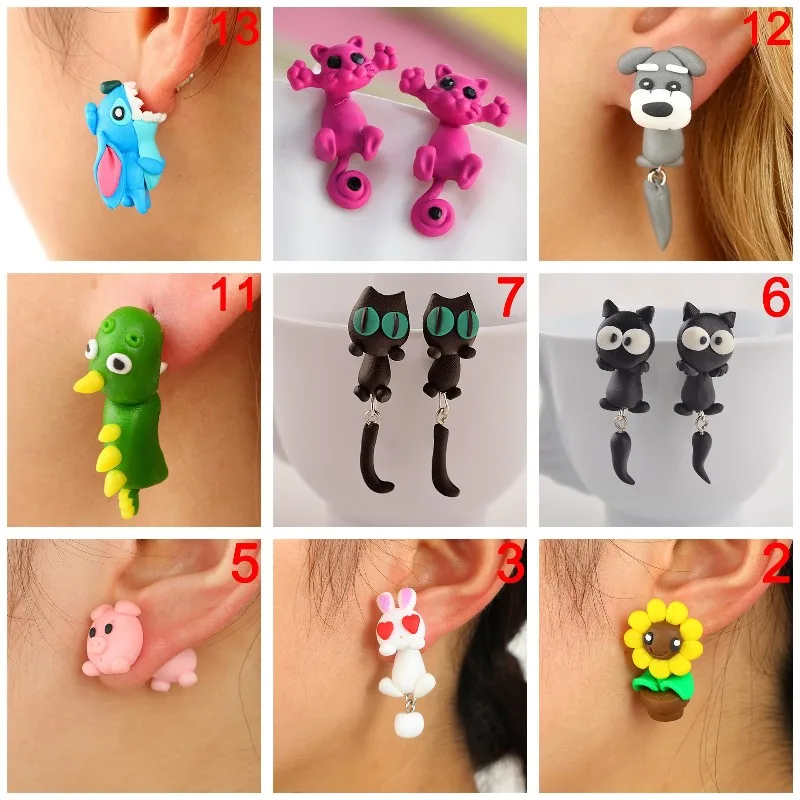 Soft Animal Earrings For Women Hanging Cute 3D Cartoon Colorful Jewelry Lovely Flower Panda Pig Dog Cat Stitch | Украшения и