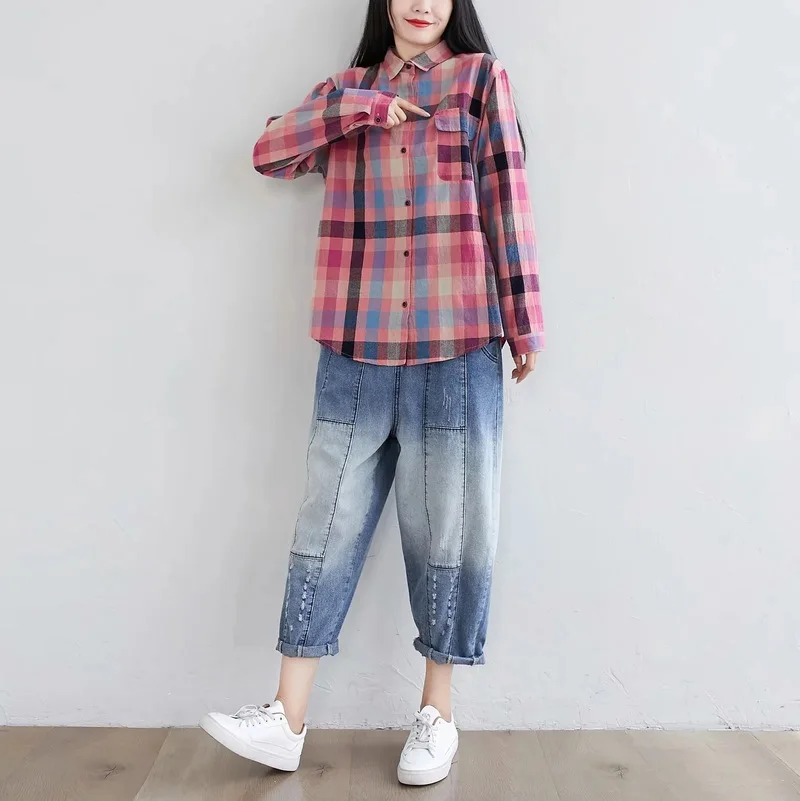 

Spring Autumn Vintage Plaid Shirts Women Harajuku Art Style Turn-down Collar Plaid Loose Cotton Quality Blouses for Student Girl