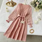 Женское шифоновое платье ALPHALMODA, вязаное с длинными рукавами и V-образным вырезом, с высокой талией, с поясом, для осени и весны, 2019