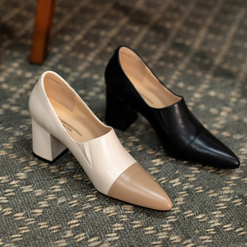 

HOT Women Shoes Natural Leather pumps 22-24.5cm spring and summer cowhide Sheepskin insole Korean pointed toe thick heel shoes