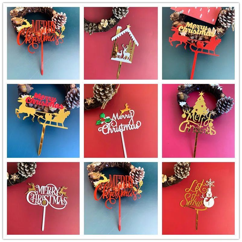 

Merry Christmas Cake Toppers Red Golden Acrylic kids christmas party Cupcake Toppers Decoration Xmas Birthday cake baking gifts