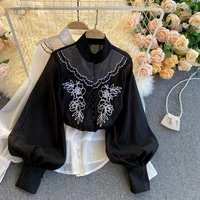 o neck puff long sleeve single breast blouse women flower embroidery with loose blusas spring 2021 new shirt femme
