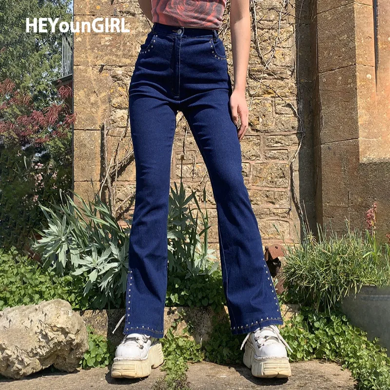 

Женские джинсы с разрезом HEYounGIRL, повседневные Элегантные хлопковые брюки с высокой талией в стиле 1920-х годов, винтажные синие модные спорти...