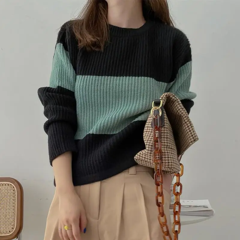 

2021 New Solid Sweater O-Neck Long Sleeve Poleras Mujer Striped Sweaters For Women Fashion Elegant Vintage Blouses Y2k Clothes