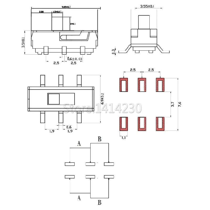 Миниатюрный слайд-переключатель SMD SMT MSS22D18 100 шт. 2P2T 6 контактов ручка высотой 2 мм