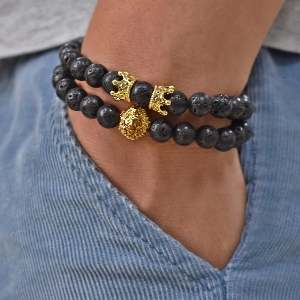 Модный классический браслет с головой льва и короной для мужчин 2 шт./компл. браслеты из натуральной лавы