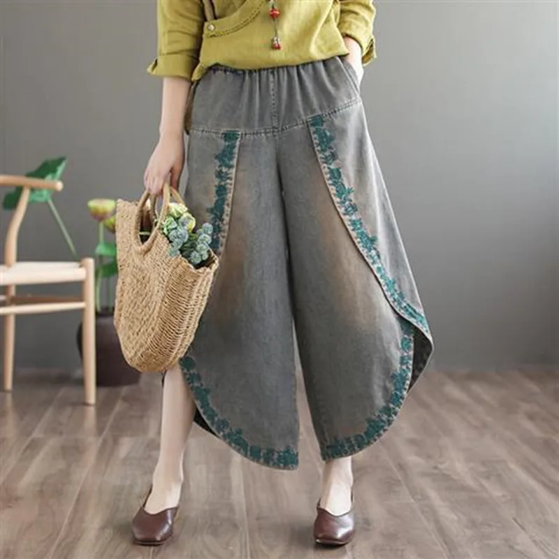 

Женские джинсы с вышивкой в старомодном этническом ретро-стиле, большие размеры, Свободные повседневные индивидуальные нестандартные 9-точ...