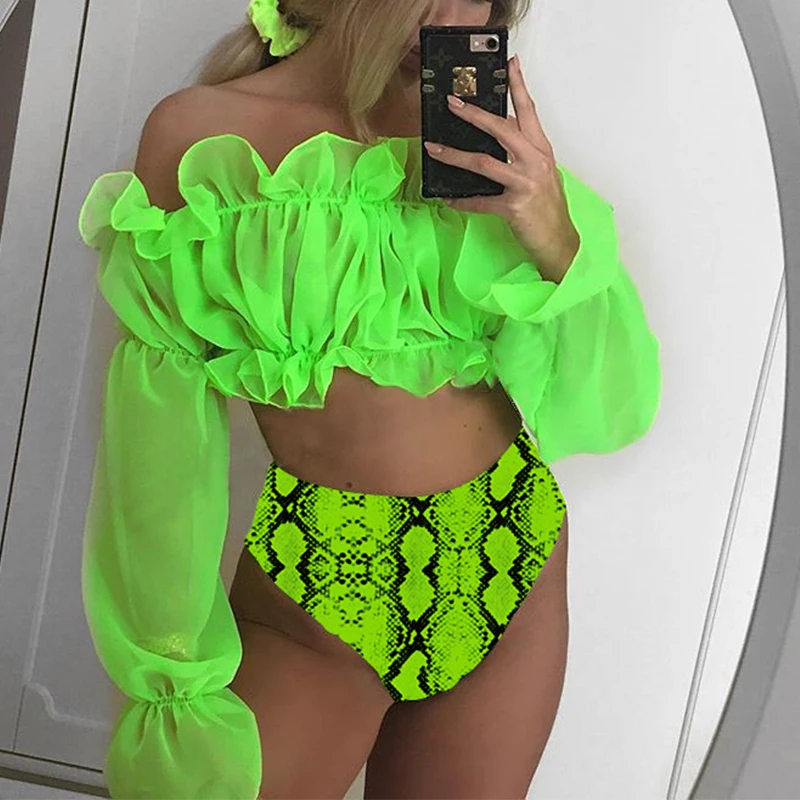 

Cheap High Waist Sexy Bikini Set Push Up Swimwear Women 2021 Off Shoulder Swimsuit Solid Female Biquine Ruffle Bathing Suit