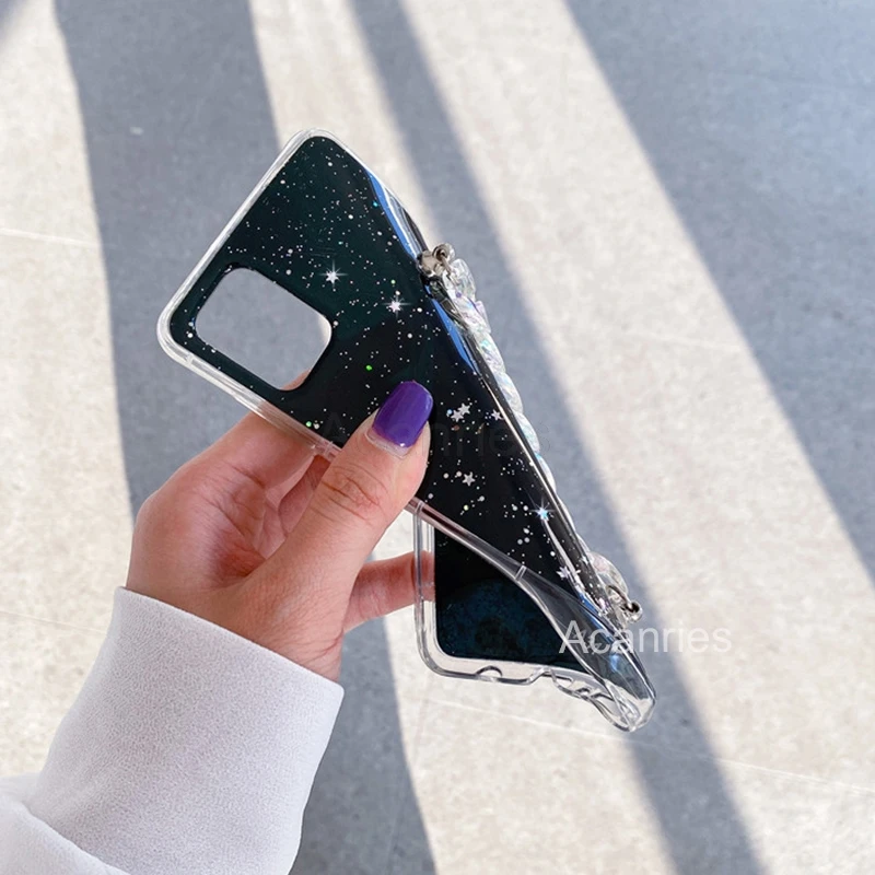 Luxury Bling Glitter Chain Phone Case For Xiaomi Mi 11 Lite Ultra 10T Note 10 9 Pro 8 Lite Bracelet Wriststrap Soft Back Cover