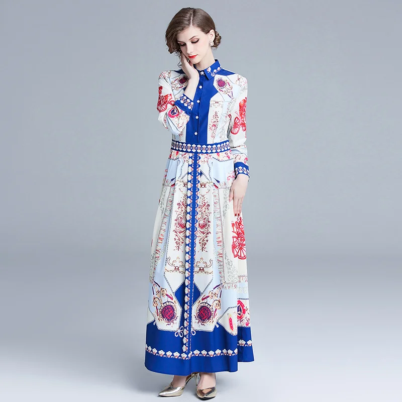 

2022 New Autumn Elegant Temperament Vestidos Women's Lapel Long-sleeved Single-breasted Printed Waist Long Dress DF474