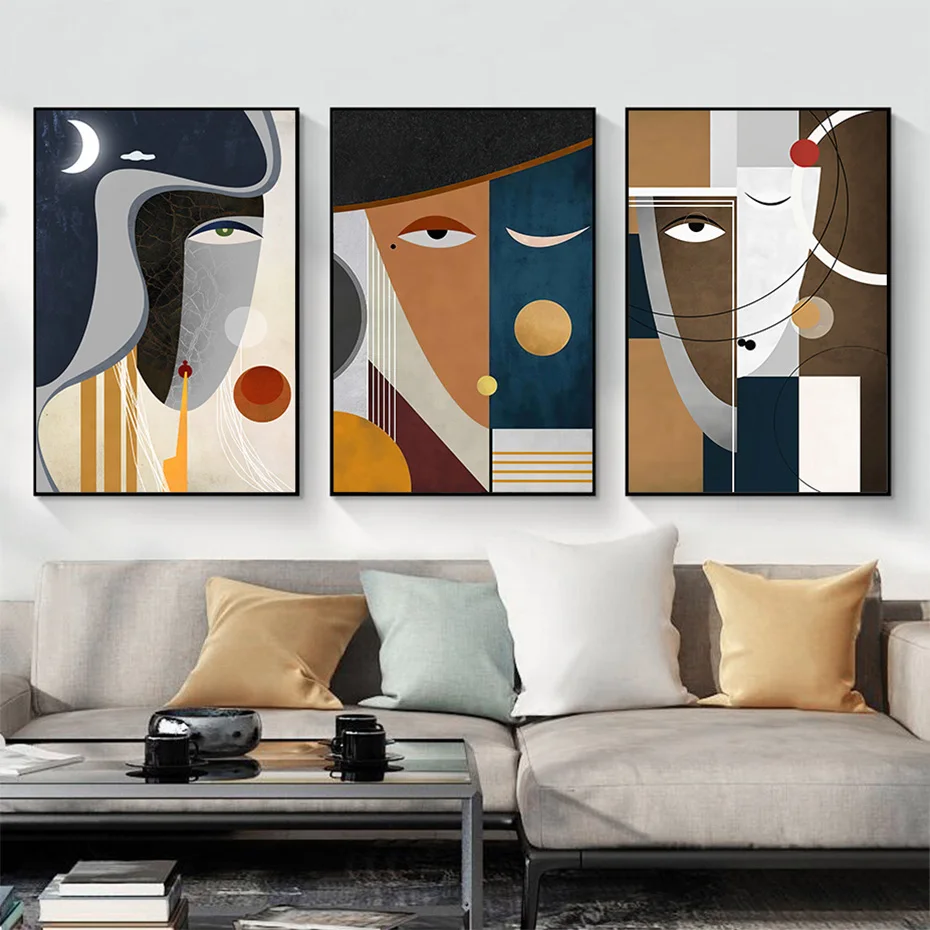 

Modern Contemporary Abstract Geometric Figure Face Poster Canvas Paintings Mid Century Wall Art Picture Print Living Room Decor