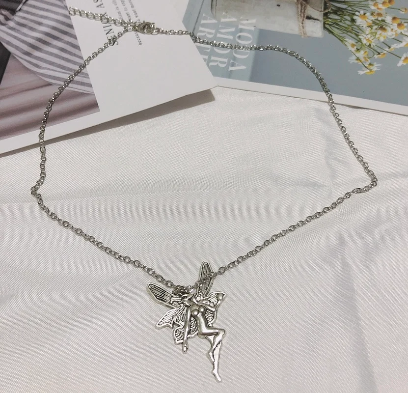 

Vintage Fashion Statement Angel Fairy Pendant Necklace for Women Cross Chain Choker Jewelry Punk Goth Gothic Wicca Accessories