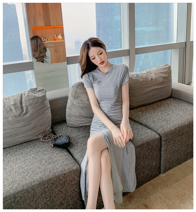 

Pullover O-Neck Short Sleeve Dress Female Summer Women Irregular Slit Bodycon Long Dress Fashion Temperament Slim Pleated Dress