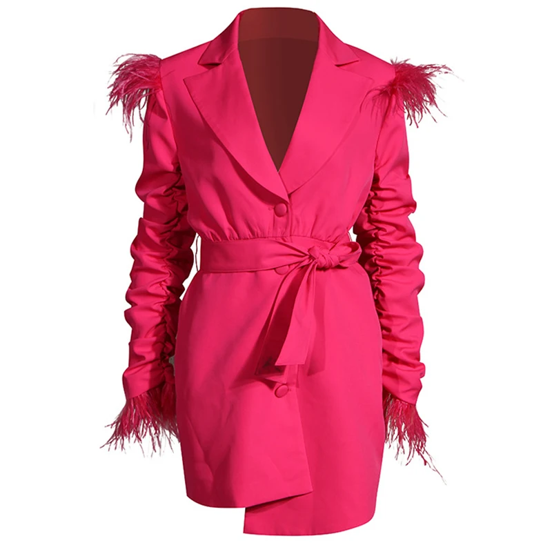 Для женщин блейзер с длинными рукавами платье Асимметричный перья Высокая Талия