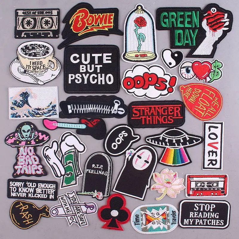 

Letter Patch Stripe Iron On Patches For Clothing UFO Guitar Embroidery Patch Cartoon Patches Hippie Rock Applique Cloth Badge