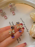 girly fragrance pink crystal gem niche design diamond bow stud earrings silver needle exquisite fairy earrings