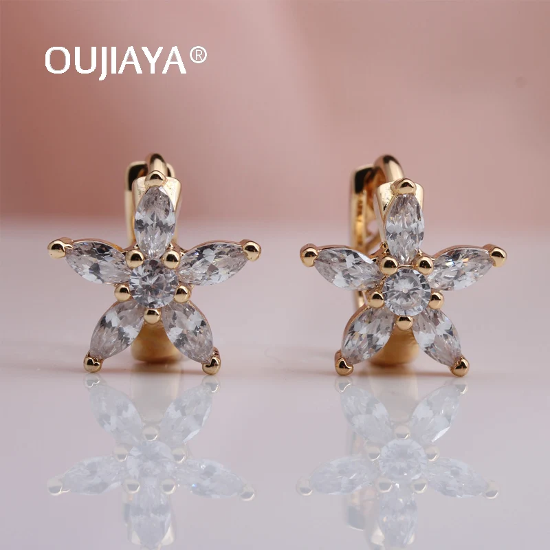 Роскошные 585 Золотые круглые висячие серьги OUJIAYA с белыми цветами из натурального