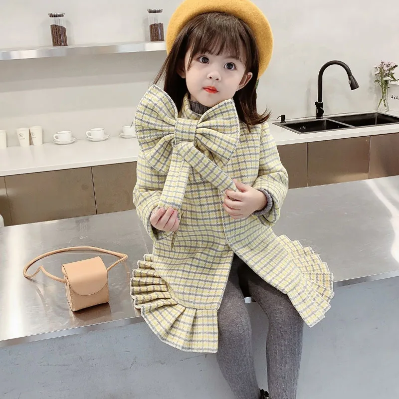 

Baby Girls Winter Wool Blends 2021 New Fashion Korean Style Plaid Outerwear Girl Kids Bowknot Cute Clothing Winter Warm Clothes