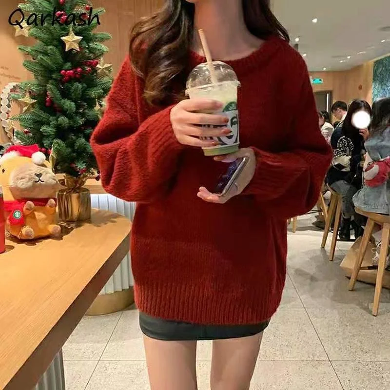 

Pullovers Women Burgundy Loose Sweet Festival College Simple Daily All-match Sweater Casual Retro Female Knitwear Chic Ins New